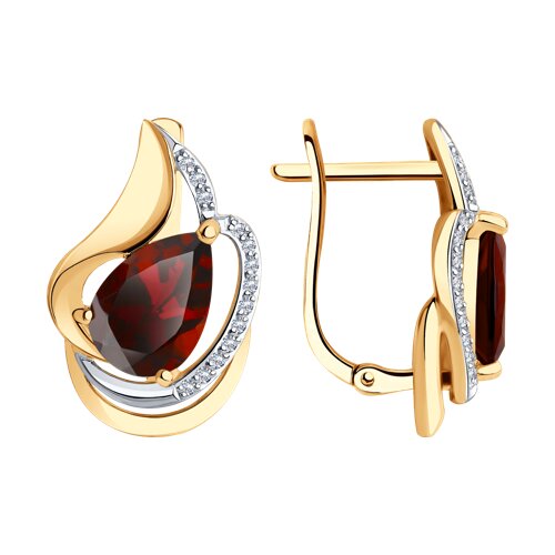 Серьги из красного золота с камнями Фианит, Гранат