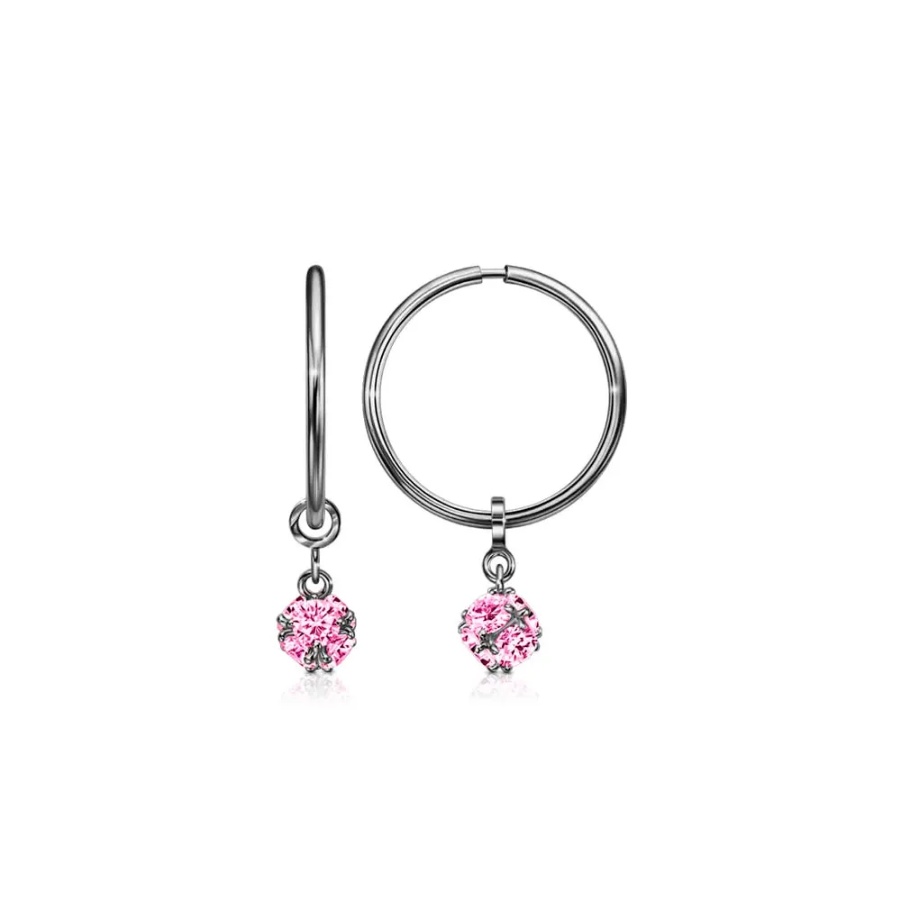 Cercei Creole din aur alb cu Cubic Zirconia Roz