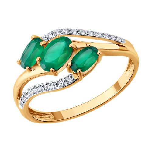 Кольцо из красного золота с камнями Фианит, Агат зеленый