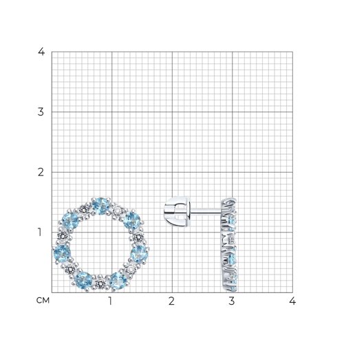 Серьги Пусеты из серебра с камнями Фианит, Топаз голубой