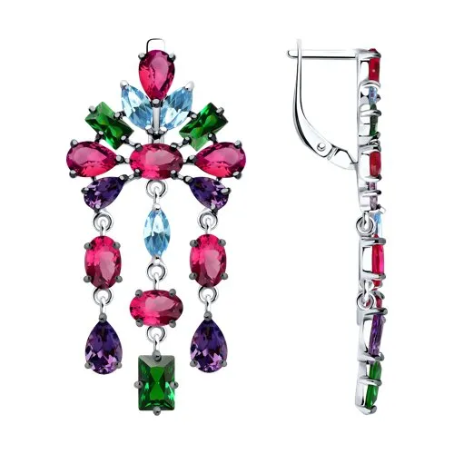 Cercei Suspendați din argint cu Cubic Zirconia Liliachiu, Cubic Zirconia Albastru și Cubic Zirconia Verde