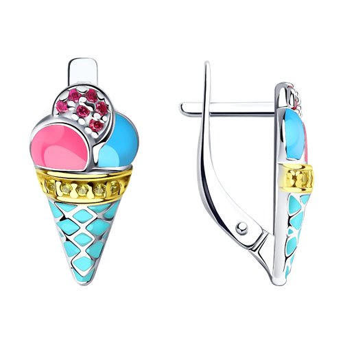 Cercei p-u copii din argint  cu pietre Cubic Zirconia Incolor, Corindon (rubin) și Emailare