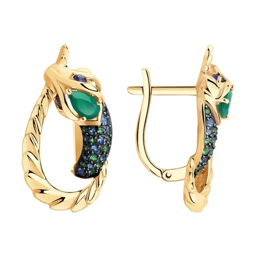 Cercei din aur roșu cu Cubic Zirconia Albastru, Cubic Zirconia Verde și Agat verde