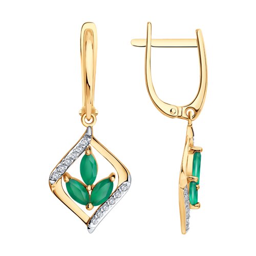 Серьги Длинные из красного золота с камнями Фианит, Агат зеленый