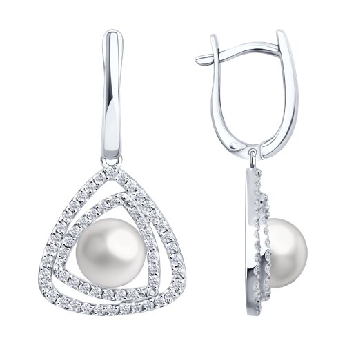 Cercei Suspendați din aur alb cu pietre Cubic Zirconia Incolor, Perla Albă