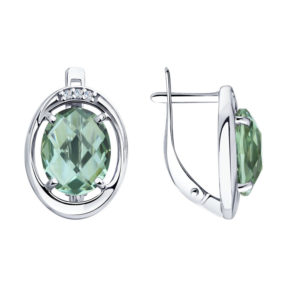 Серьги из серебра с камнями Фианит, Кварц зеленый (синт.)