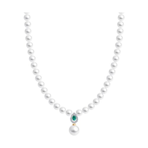 Колье из красного золота с камнями Бриллиант, Изумруд гидротермальный и Жемчуг белый