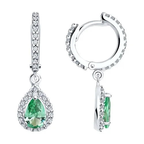 Серьги Конго из серебра с камнями Фианит, Ситалл зеленый (синт.)