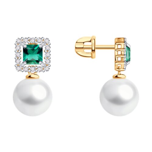 Серьги Пусеты из красного золота с камнями Сапфир бесцветный, Изумруд гидротермальный и Жемчуг белый