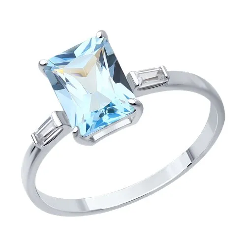 Inel din aur alb cu Cubic Zirconia Incolor, Topaz albastru