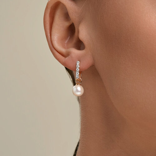 Серьги Длинные из красного золота с камнями Фианит, Жемчуг белый