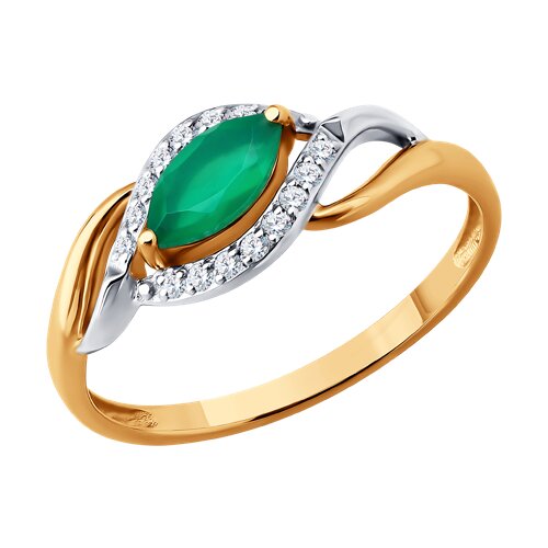 Кольцо из красного золота с камнями Фианит, Агат зеленый