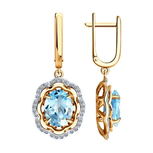 Cercei Suspendați din aur roșu cu Cubic Zirconia Incolor, Topaz albastru