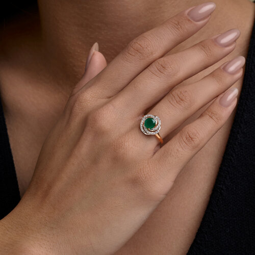 Кольцо из красного золота с камнями Фианит, Агат зеленый