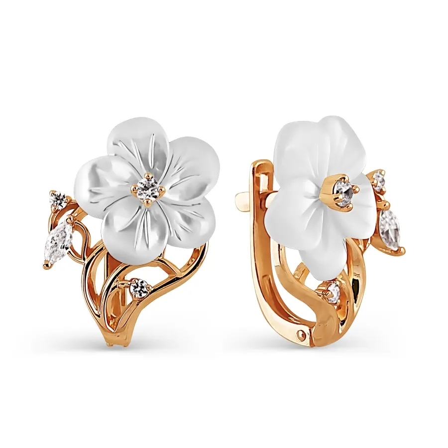 Cercei din aur roșu cu Cubic Zirconia Incolor, Sidef Alb