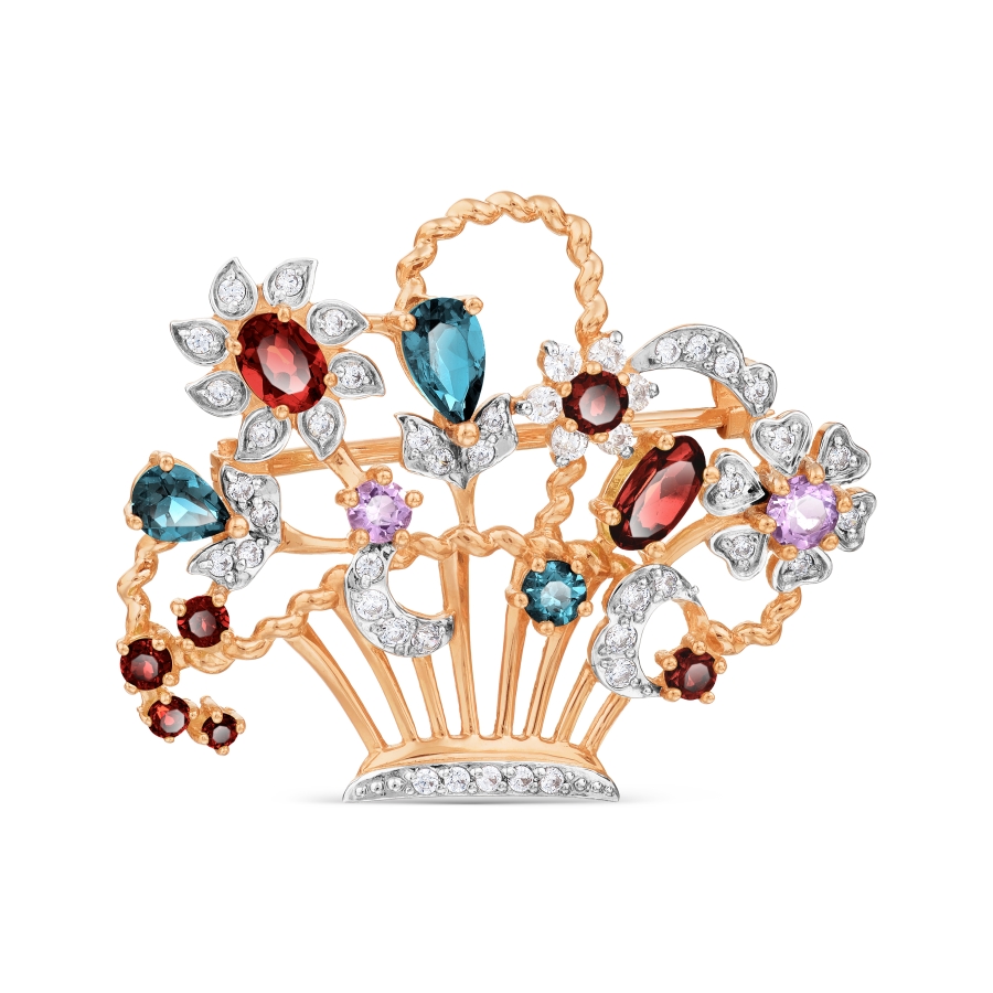 Broșă din aur roșu cu pietre Cubic Zirconia Incolor, Ametist și Granat