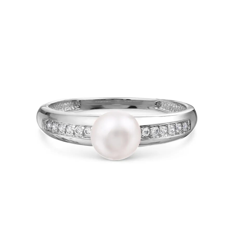 Inel din aur alb cu Cubic Zirconia Incolor, Perla Albă