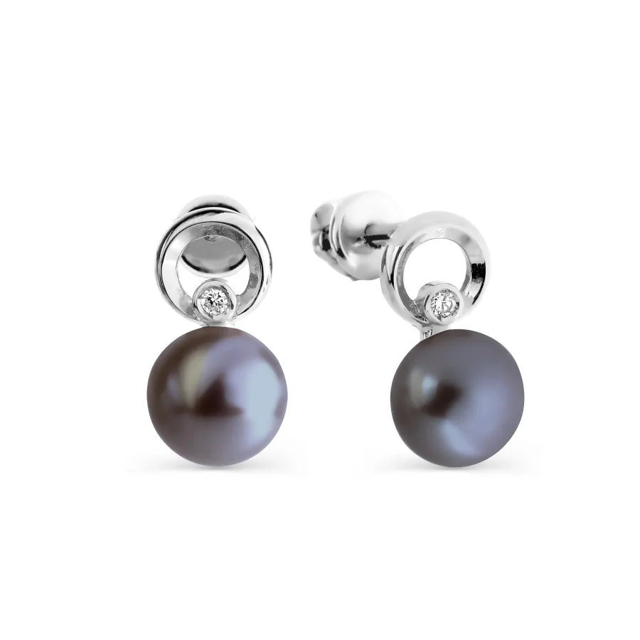 Cercei Pusete din aur alb cu Cubic Zirconia Incolor, Perla neagră