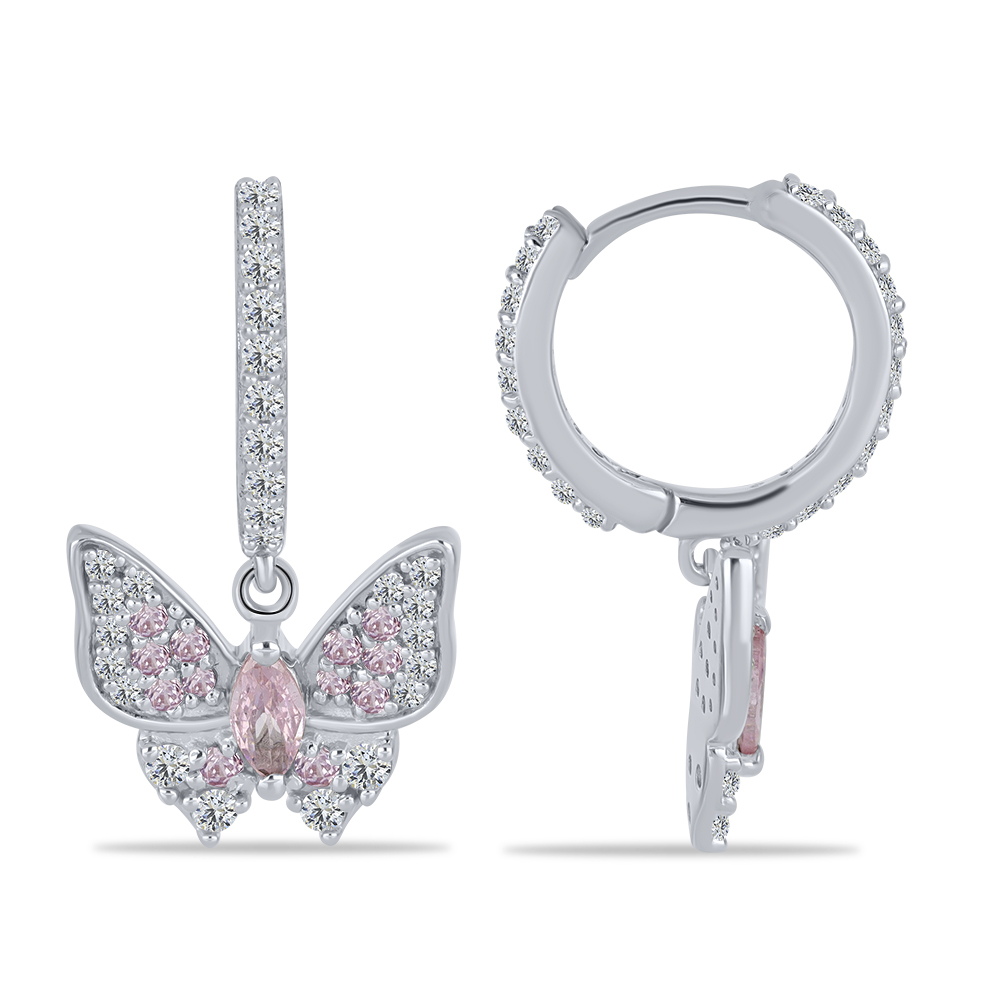 Cercei Creole din argint  cu pietre Cubic Zirconia Incolor, Cubic Zirconia Roz
