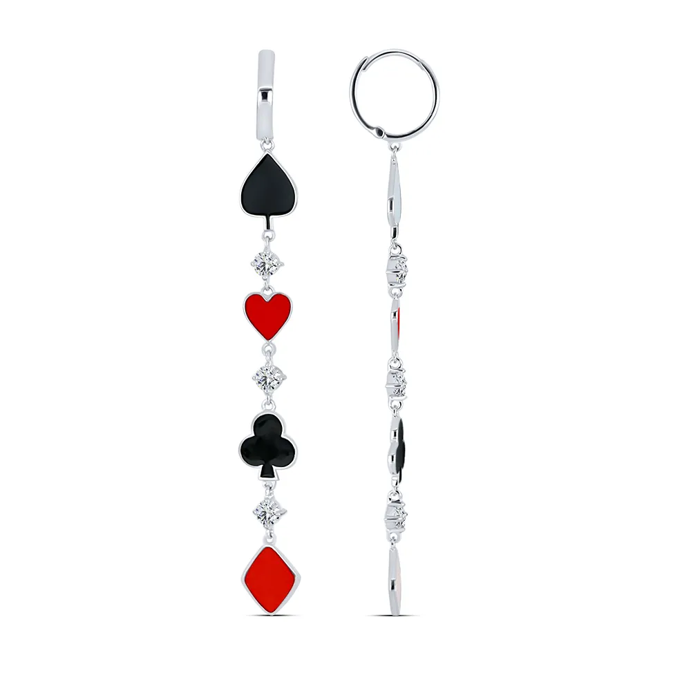 Cercei Creole din argint cu Cubic Zirconia Incolor, Emailare Neagra și Emailare Rosie