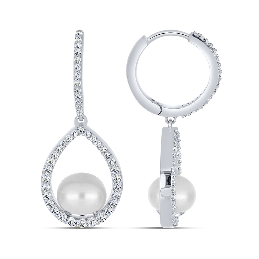 Cercei Creole din argint  cu pietre Cubic Zirconia Incolor, Perla Albă