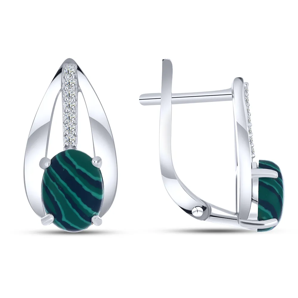 Cercei din argint cu Cubic Zirconia Incolor, Malachit (sint.)