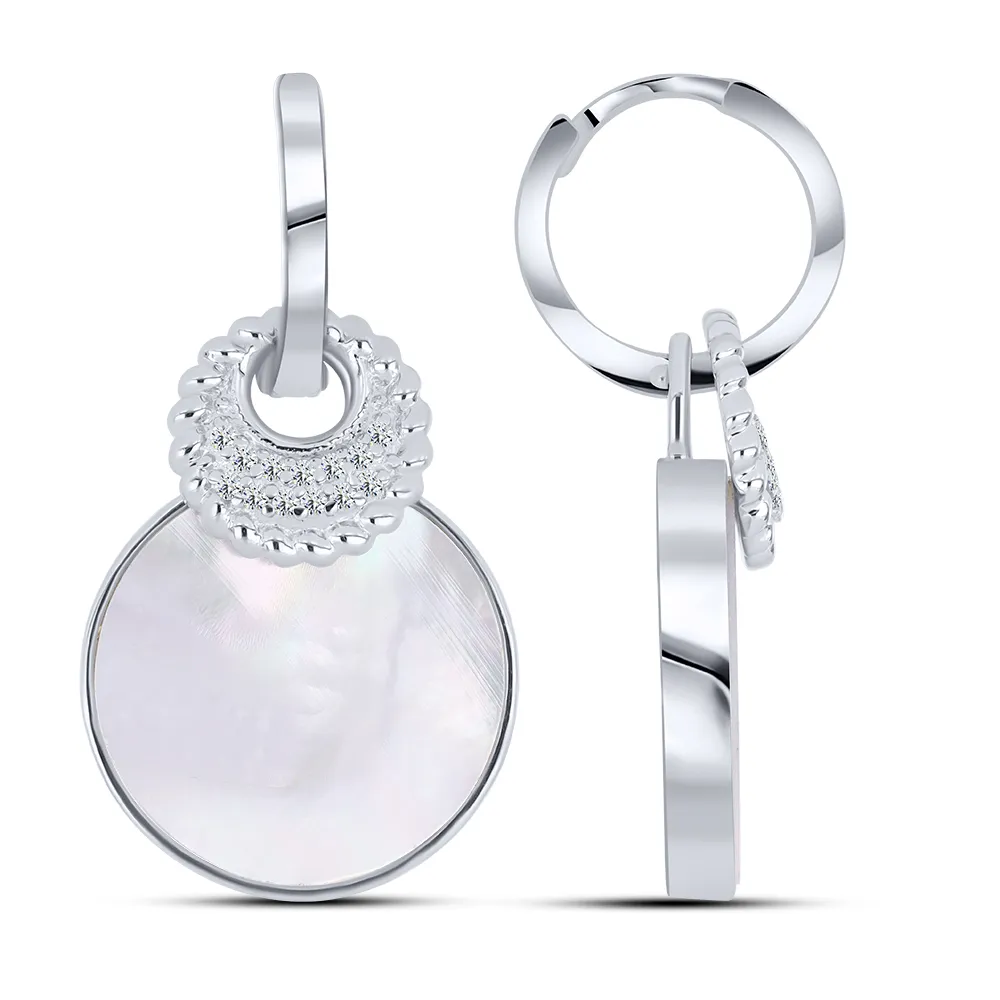 Cercei Creole din argint cu Cubic Zirconia Incolor, Sidef Alb