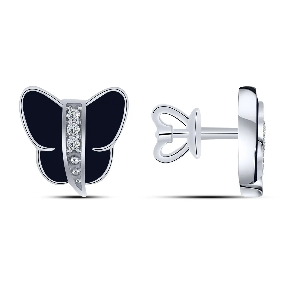 Cercei Pusete din argint cu Cubic Zirconia Incolor, Emailare Neagra