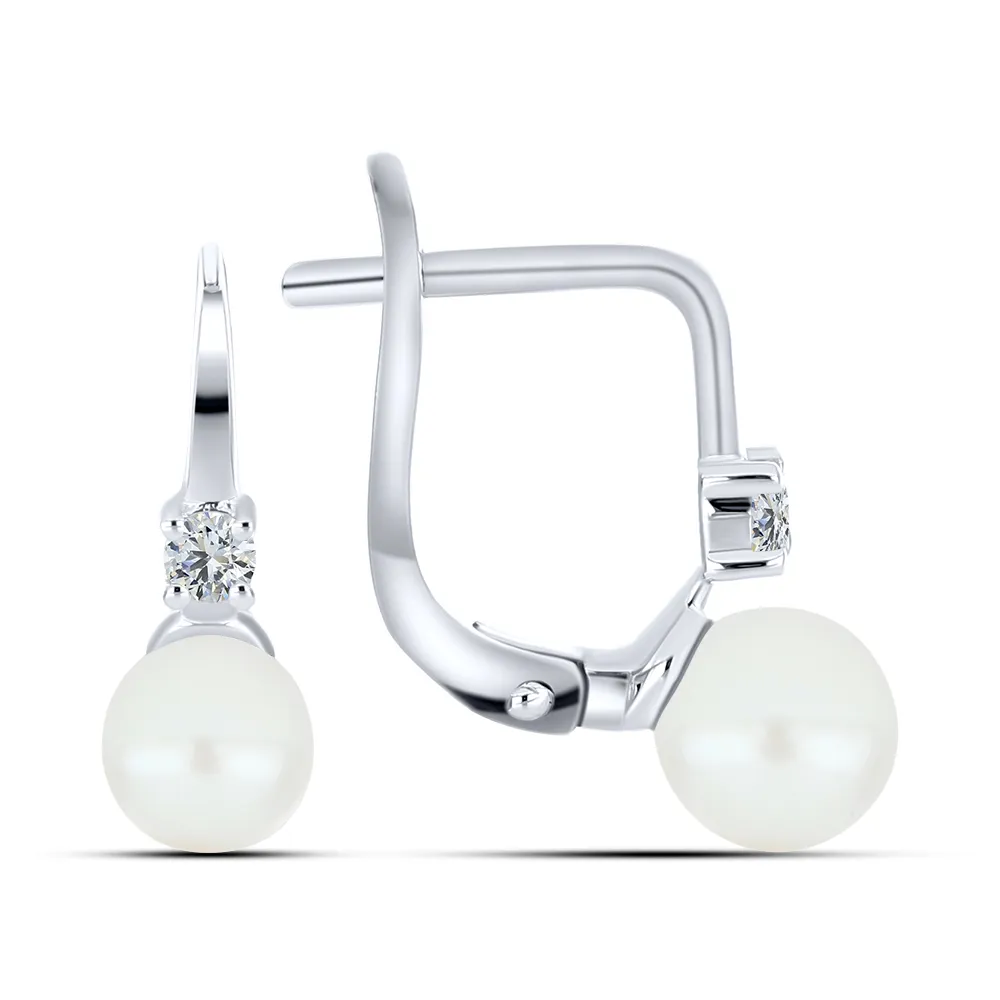 Cercei din argint cu Cubic Zirconia Incolor, Perla Albă