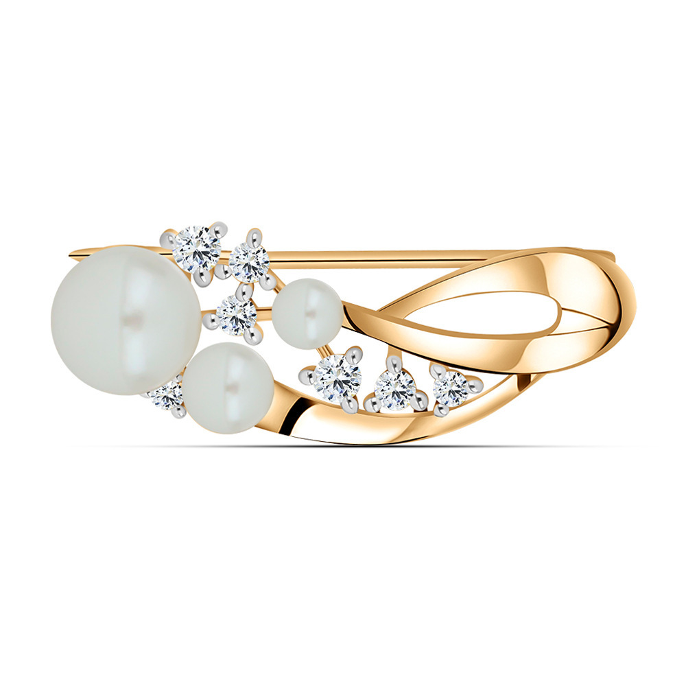Broșă din aur roșu cu pietre Cubic Zirconia Incolor, Perla Albă