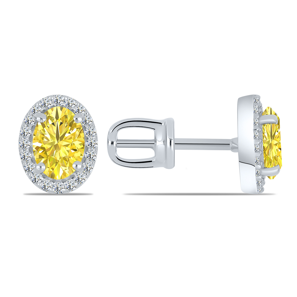 Cercei Pusete din aur alb cu pietre Moissanite, Moissanit lemon