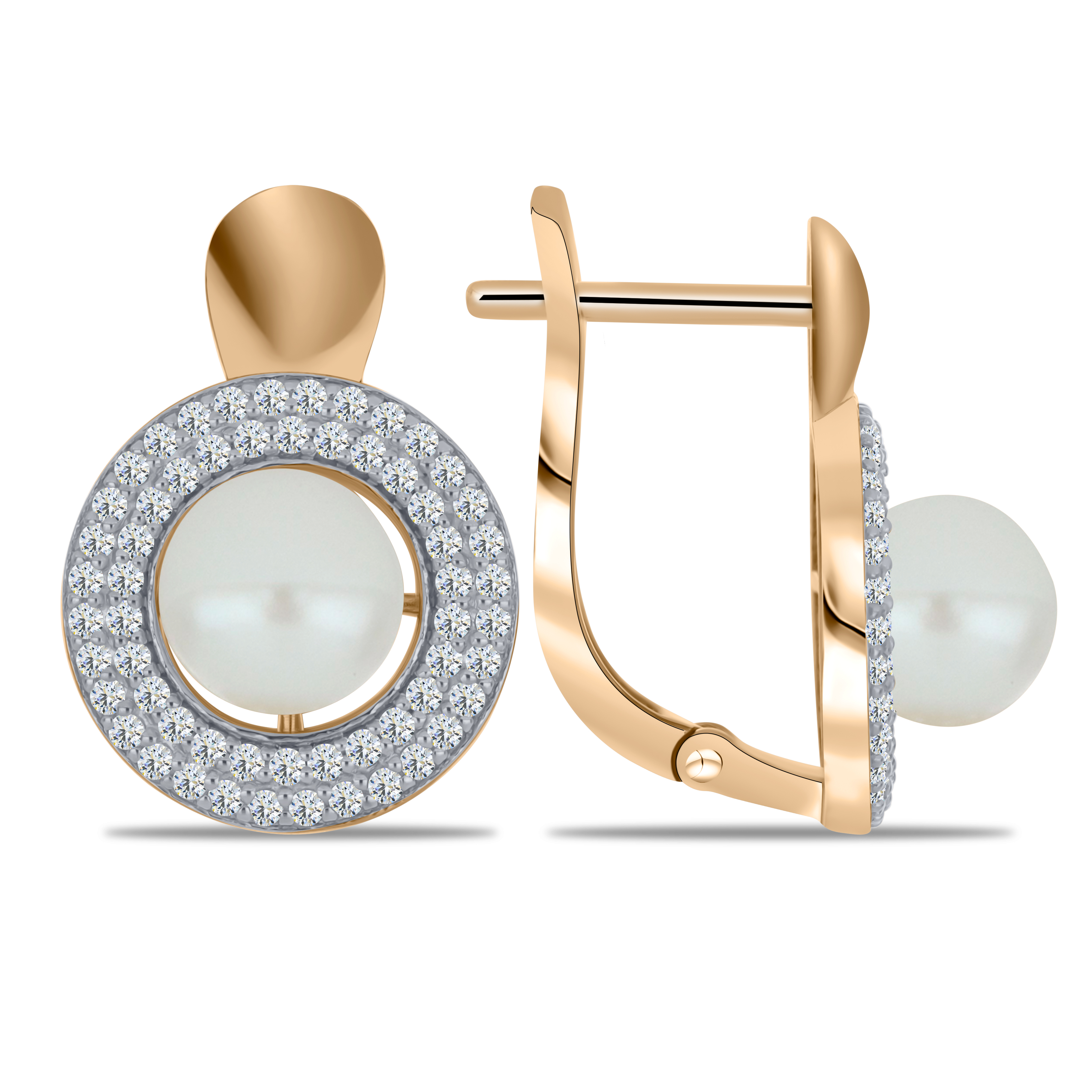Cercei din aur roșu cu pietre Cubic Zirconia Incolor, Perla Albă