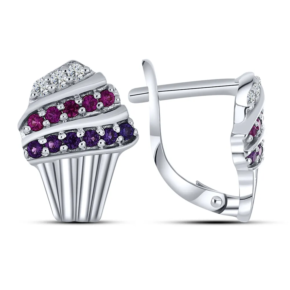Cercei p-u copii din aur alb cu Cubic Zirconia Incolor, Nanoametist și Nanogranat