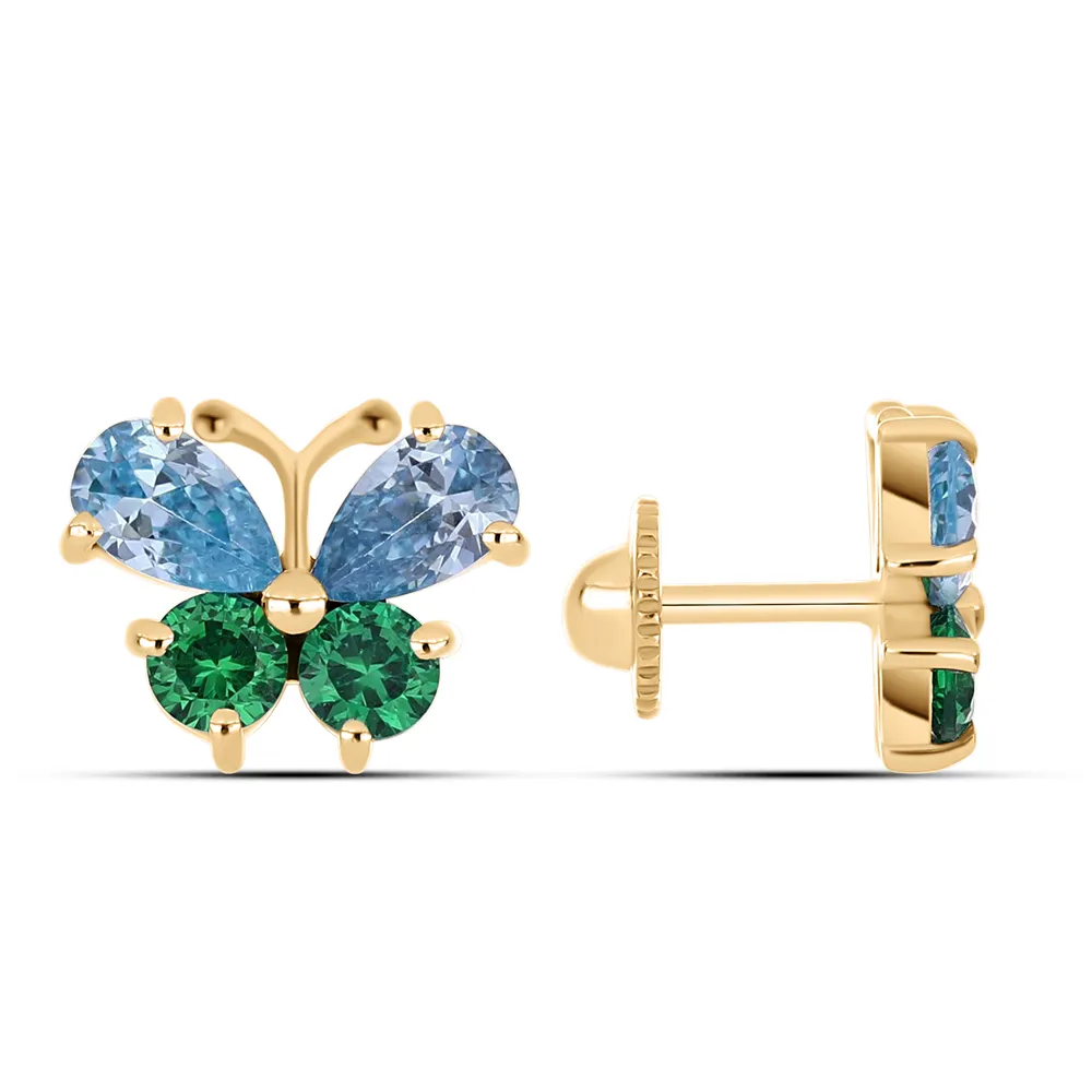 Cercei Pusete din aur roșu cu Cubic Zirconia Albastru, Cubic Zirconia Verde