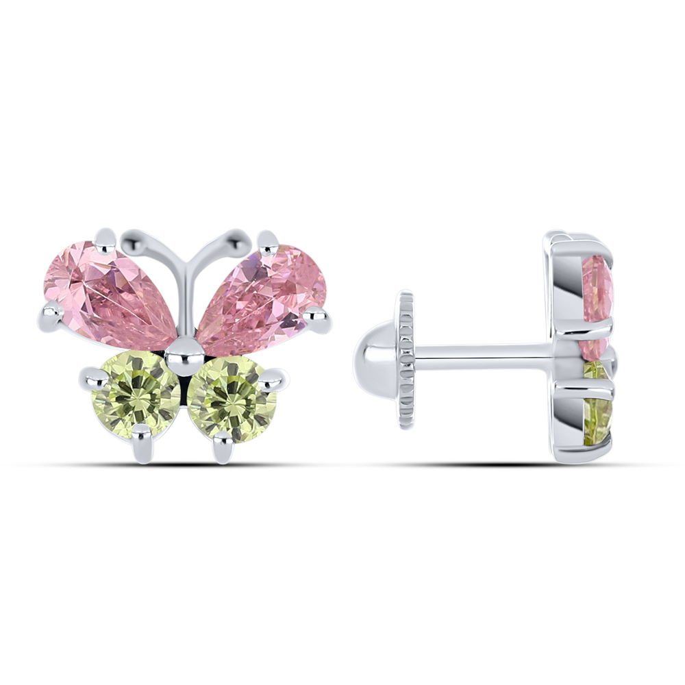 Cercei Pusete din aur alb cu pietre Cubic Zirconia Roz, Cubic Zirconia Verde