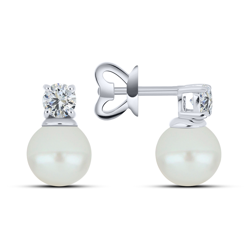 Cercei Pusete din aur alb cu Cubic Zirconia Incolor, Perla Albă