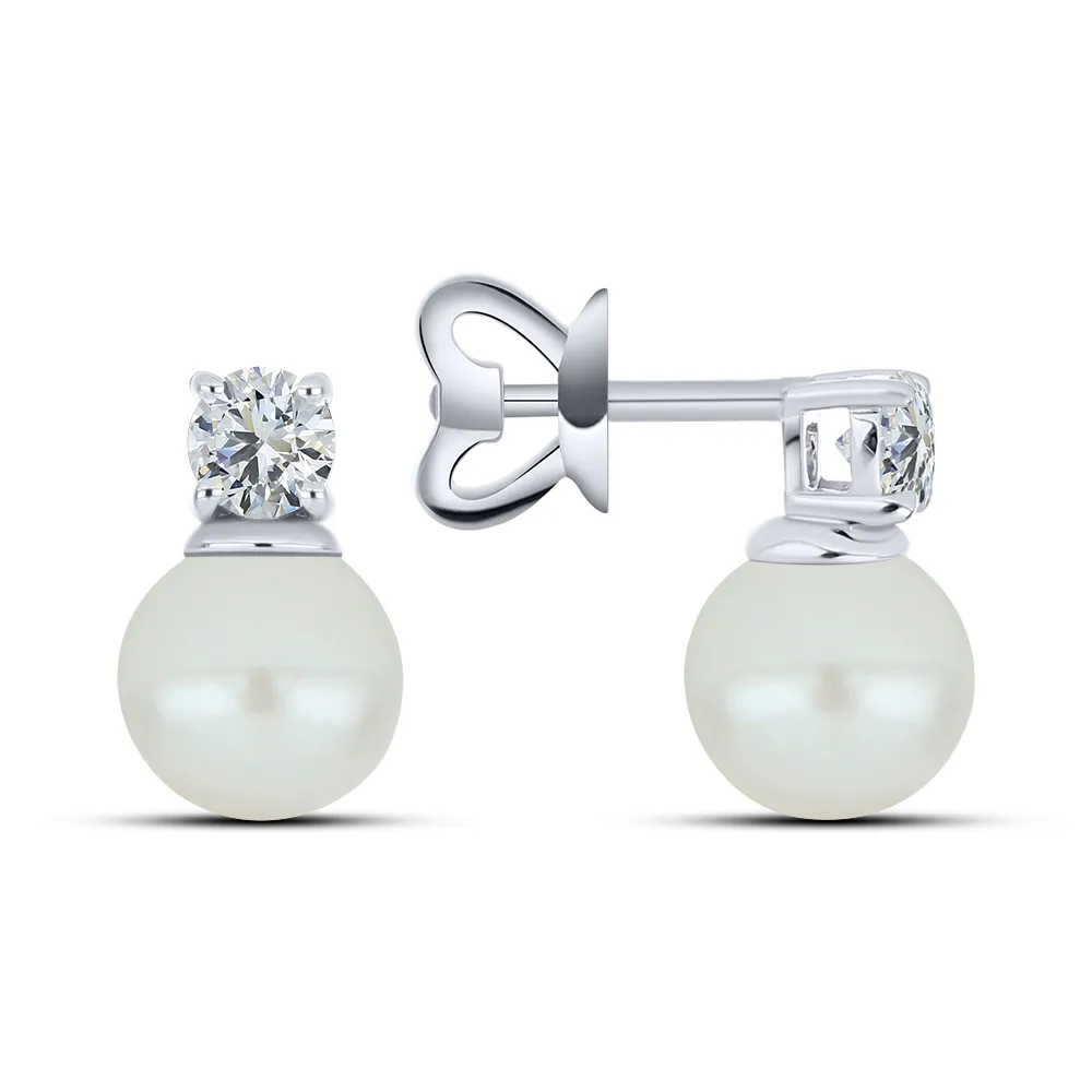 Cercei Pusete din aur alb cu Cubic Zirconia Incolor, Perla Albă