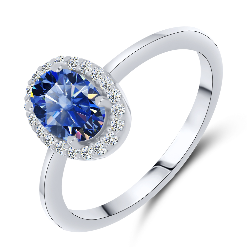 Inel din aur alb cu pietre Moissanite, Moissanit albastru safir