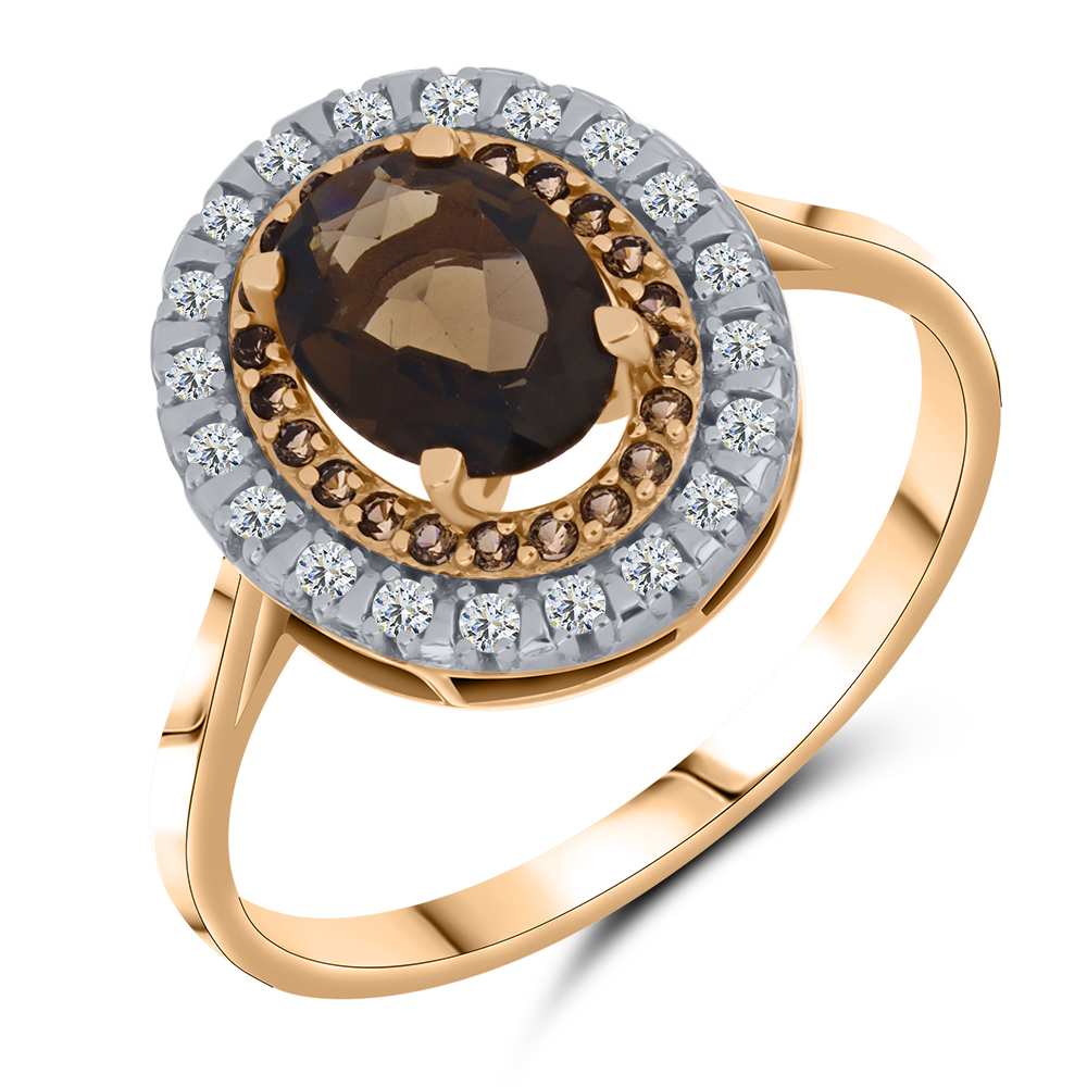 Inel din aur roșu cu pietre Cubic Zirconia Incolor, Cuarț fumuriu și Cuarț fumuriu (sintetic)
