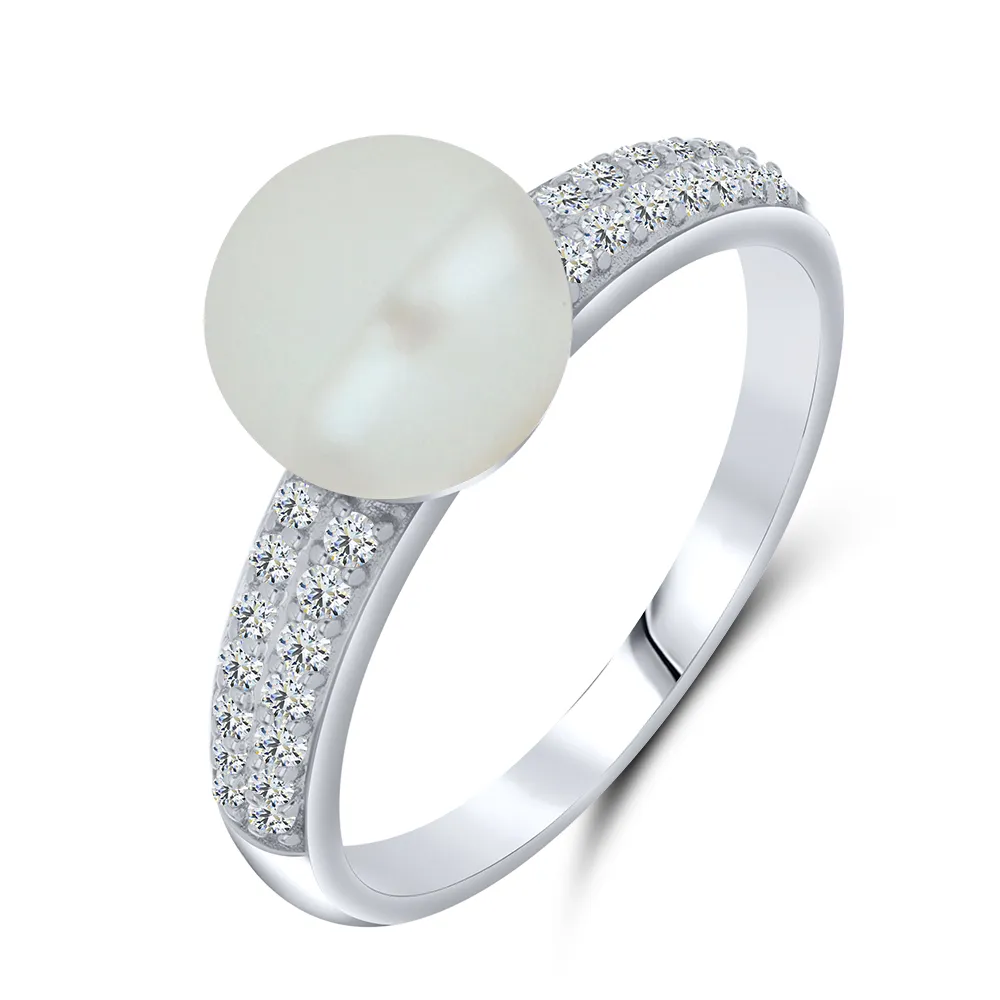 Inel din aur alb cu Cubic Zirconia Incolor, Perla Albă