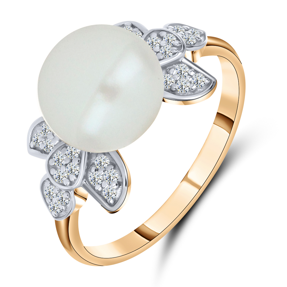 Inel din aur roșu cu pietre Cubic Zirconia Incolor, Perla Albă
