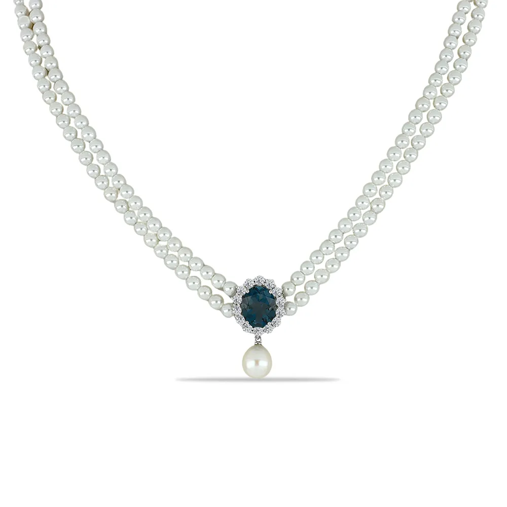 Colier din argint cu Cubic Zirconia Incolor, Topaz London și Perla Albă