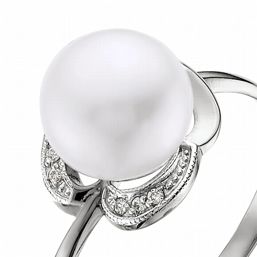 Inel din aur alb cu Cubic Zirconia Incolor, Perla Albă