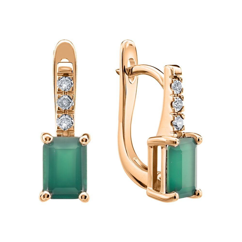 Cercei din aur roșu cu pietre Diamant, Agat verde