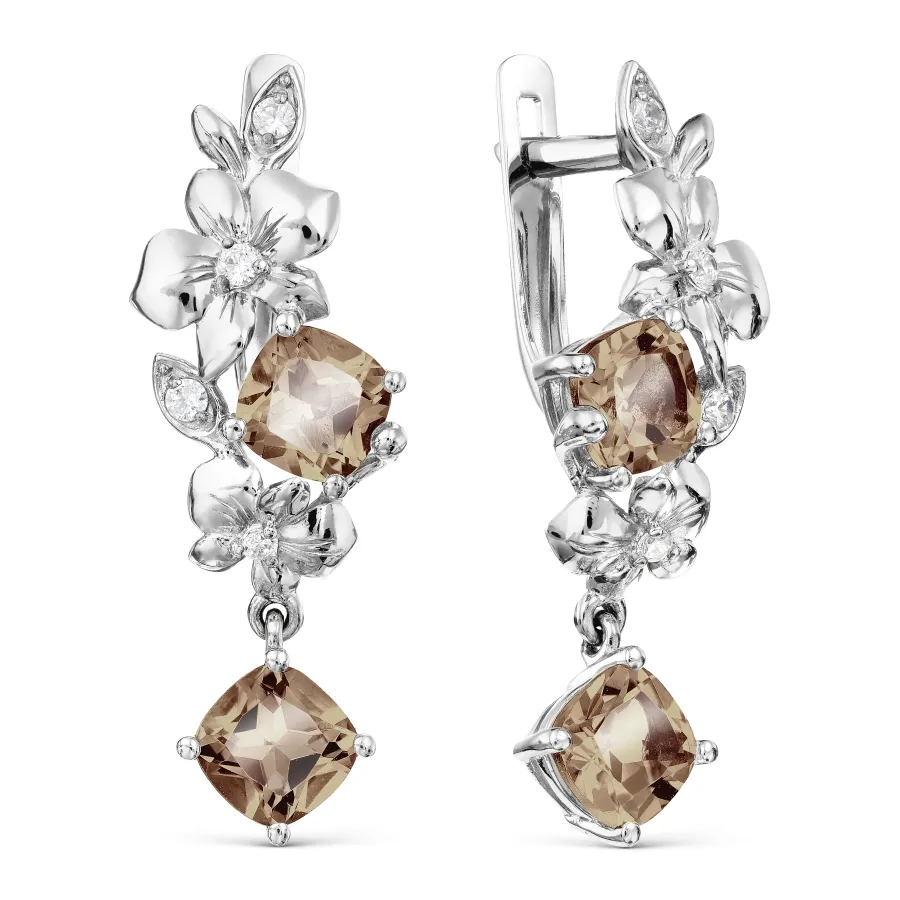 Cercei Suspendați din aur alb cu Cubic Zirconia Incolor, Cuarț fumuriu