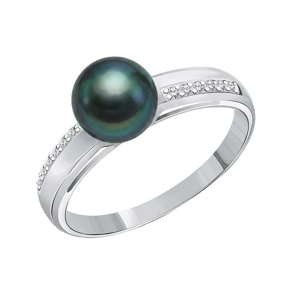 Inel din aur alb cu Cubic Zirconia Incolor, Perla neagră