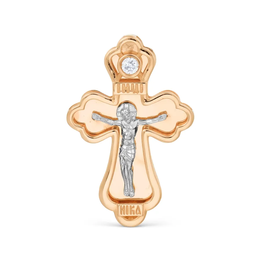 Cruce din aur alb și roșu cu Cubic Zirconia Incolor