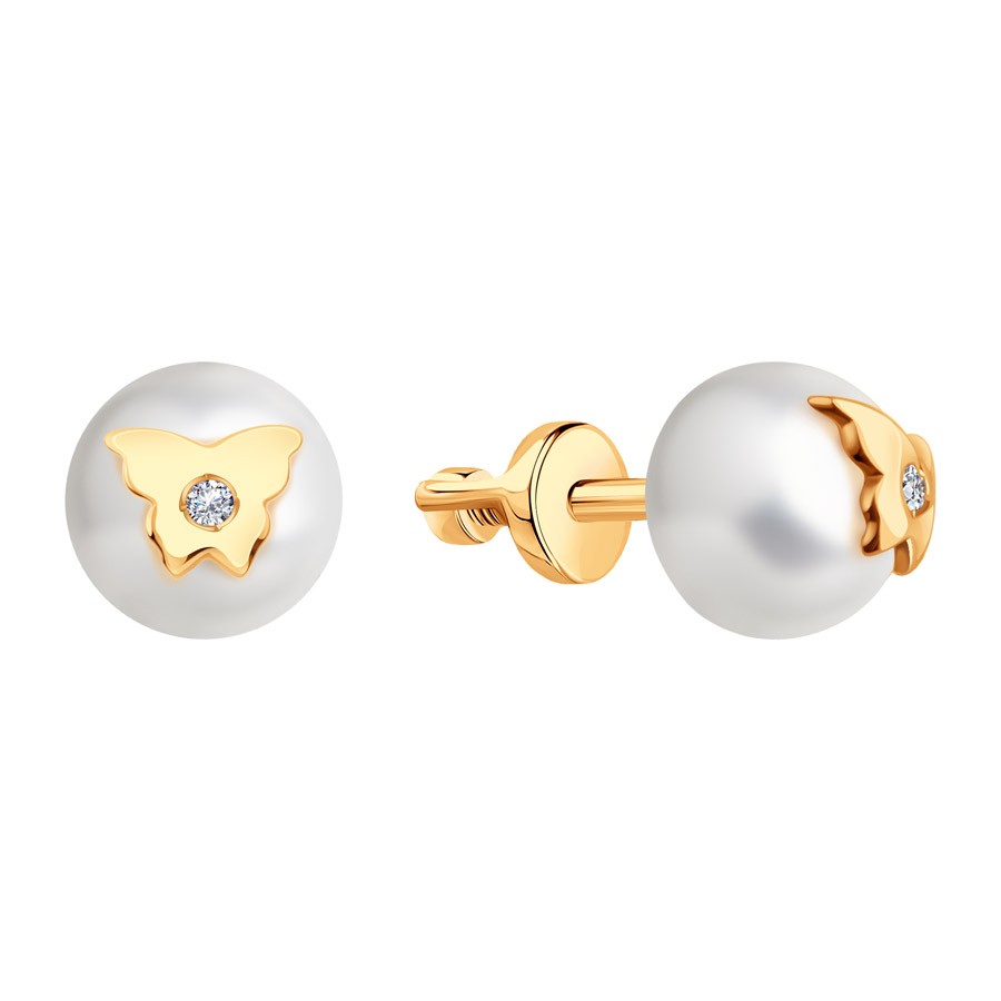 Серьги Пусеты из красного золота с камнями Фианит, Жемчуг белый