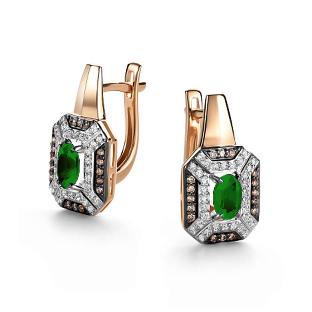 Серьги из красного золота с камнями Бриллиант, Бриллиант коньяк и Изумруд