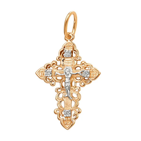 Cruce din aur roșu cu Cubic Zirconia Incolor